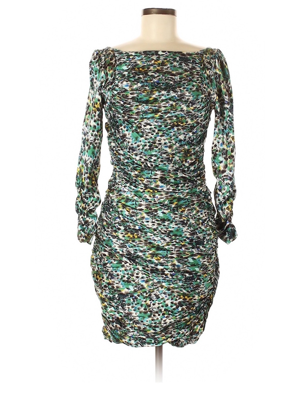 Diane Von Furstenberg Silk Green Multicolor Ruched Long Sleeve Dress